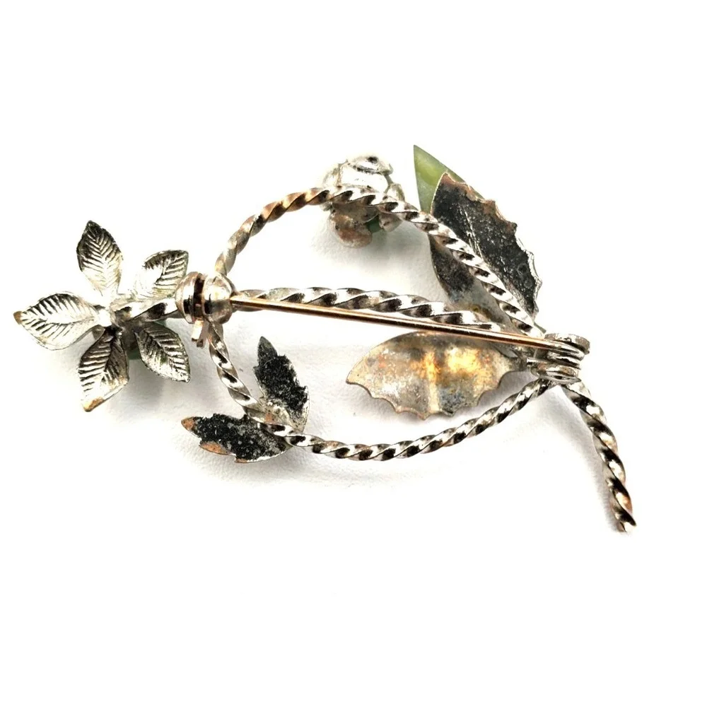 Vintage Green Stones Silver Tone Floral Spray Brooch Pin